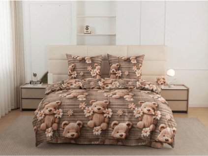 Povlečení z mikrovlákna SPRING BERA hnědé s medvídky a květy