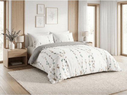 Mikroflanelové povlečení CALIWA bílé s moderním vzorem větviček