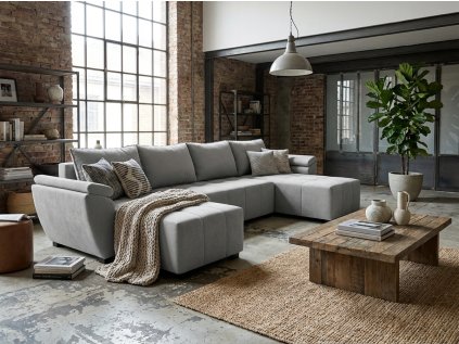 Moderní rohová sedací souprava do U LIVARO 305x140 cm, světle šedá