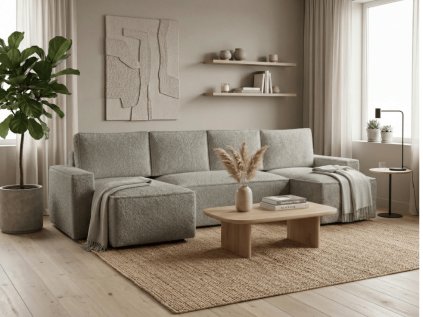 Ausziehbare Sofagarnitur in U-Form SMART BOUCLE 303x143 cm, graubeige