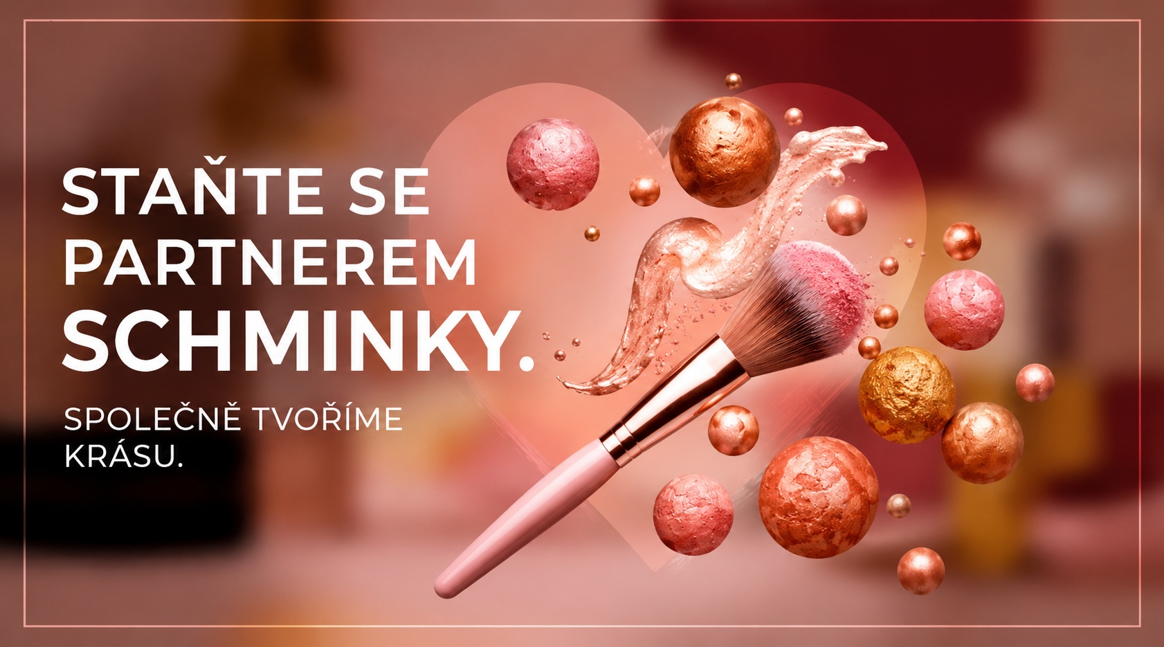Propagační grafika s kosmetickým štětcem a tvářenkami lákající k partnerství se značkou Schminky.