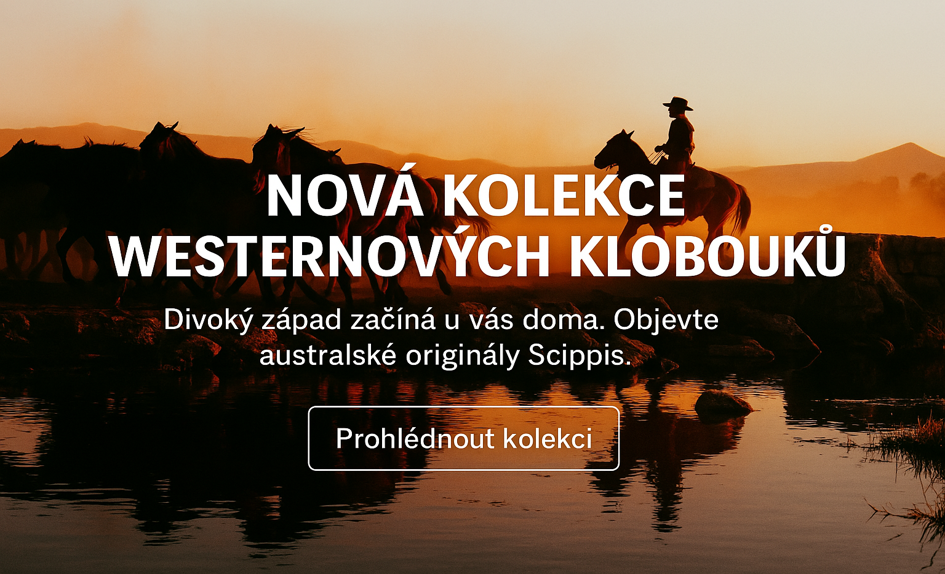 Kovboj na koni a stádo koní při západu slunce – banner představující novou kolekci westernových klobouků Scippis.