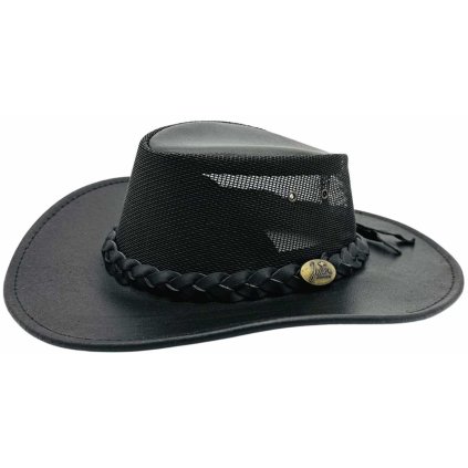 Jacaru Dingo Koolaroo černý – letní klobouk s koženým dýnkem a vzdušnou korunou (Velikost 63/64cm (XXL))