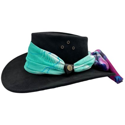 Jacaru Jillaroo černý – dámský klobouk z broušené kůže s šátkem (Velikost 61/62cm (XL))