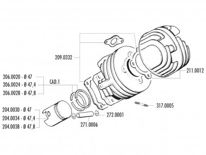 209.0332 - Sada těsnění válce Polini racing, Ape, Vespa N, PK, Special, XL, ET3 50 2T