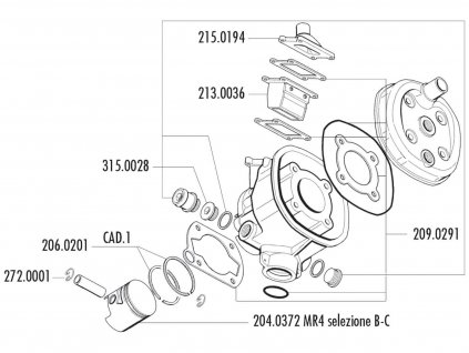 204.0372/B - Pístní sada Polini 70ccm 47mm (B), Malaguti Dune 50, Minarelli MR4