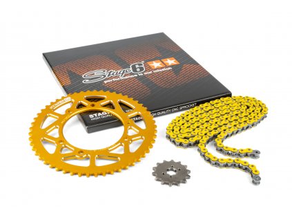 Řetězová sada 14x53 - 420 Stage6 alu CNC žlutá Derbi Senda X-treme
