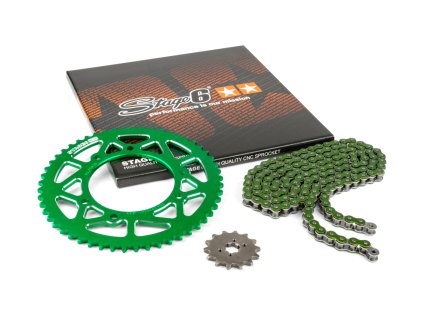 Řetězová sada 14x53 - 420 Stage6 alu CNC zelená Derbi DRD Pro