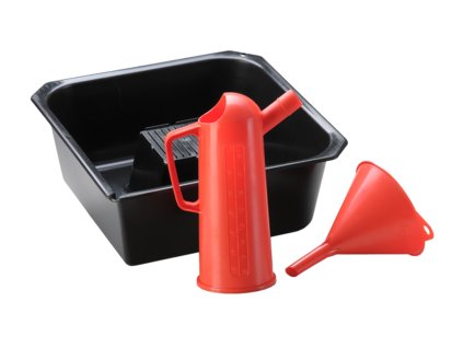 Sada na výměnu oleje 3dílná Hünersdorff s vanou na vypouštění oleje, trychtýř d=140, odměrná nádoba na olej 1 l