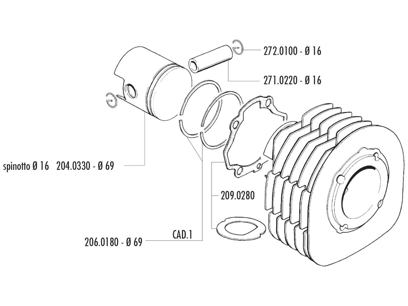 Pístní čep Polini 16x54mm, Ape MPM 600, MPR 500, 600 MPV 271.0220