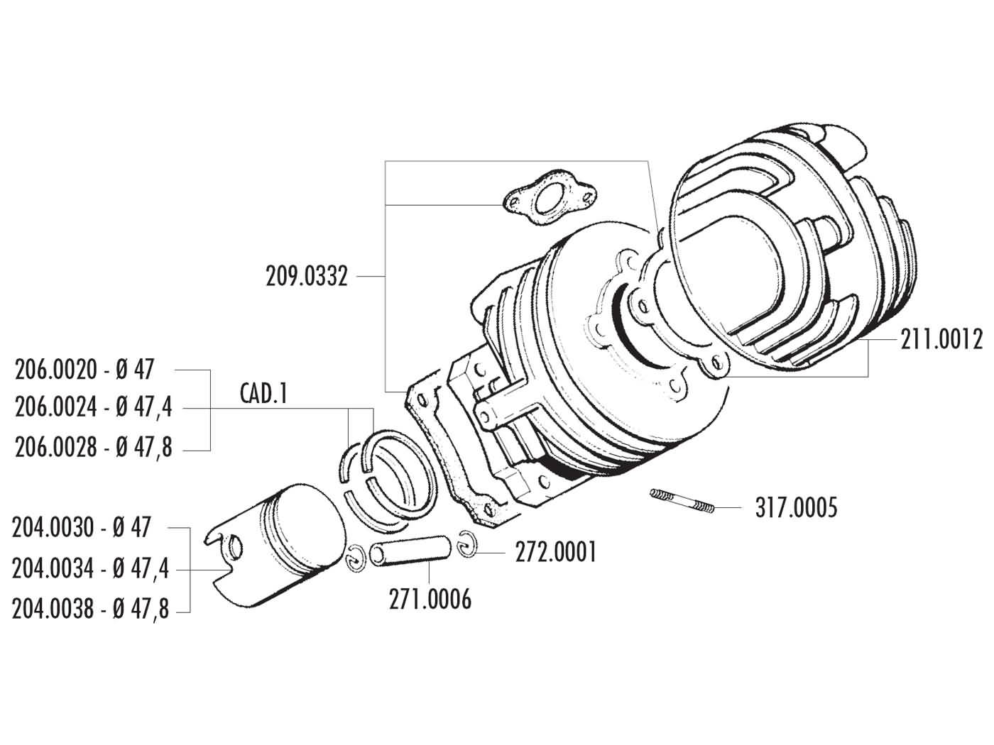 Sada těsnění válce Polini racing, Ape, Vespa N, PK, Special, XL, ET3 50 2T 209.0332