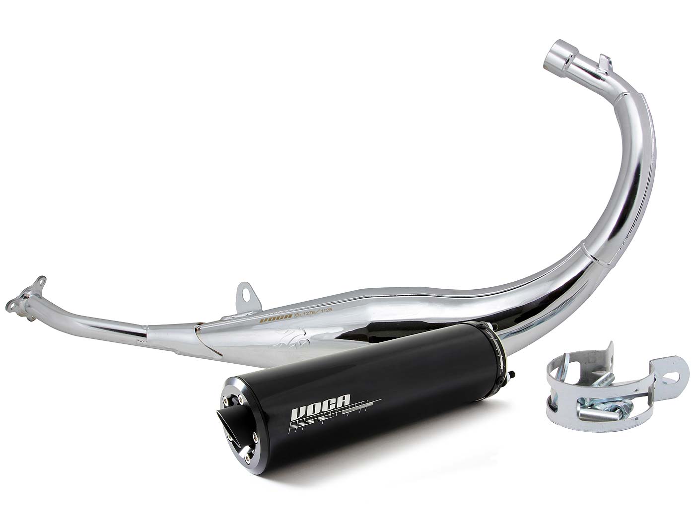 Voca Racing Výfuk VOCA chrom 50/70cc černá koncovka, Derbi EBE, EBS, D50B Enduro, Supermoto VCR-RD15192/BK