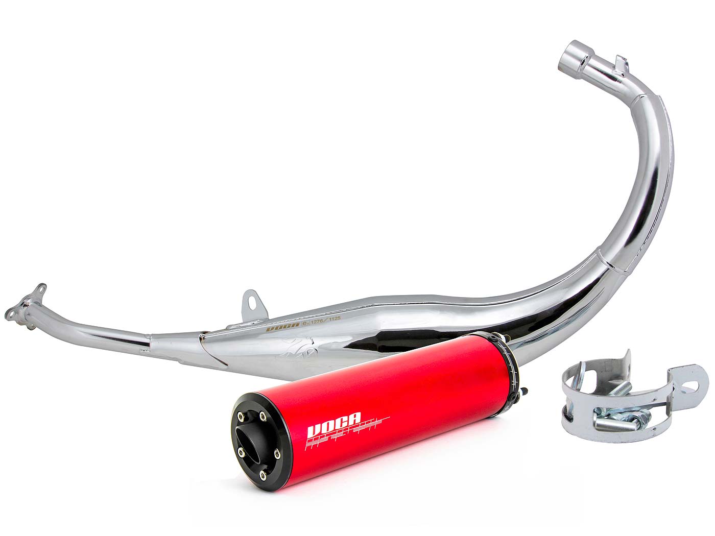 Voca Racing Výfuk VOCA chrom 50/70cc červená koncovka, Derbi EBE, EBS, D50B Enduro, Supermoto VCR-RD15192/RE
