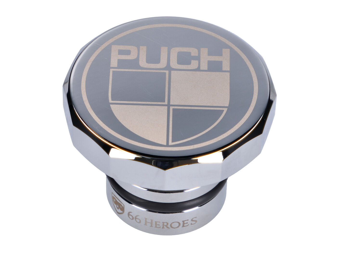 Levně Víčko nádrže 66Heroes alu chrom s Puch logem, Puch Maxi S, N 43883