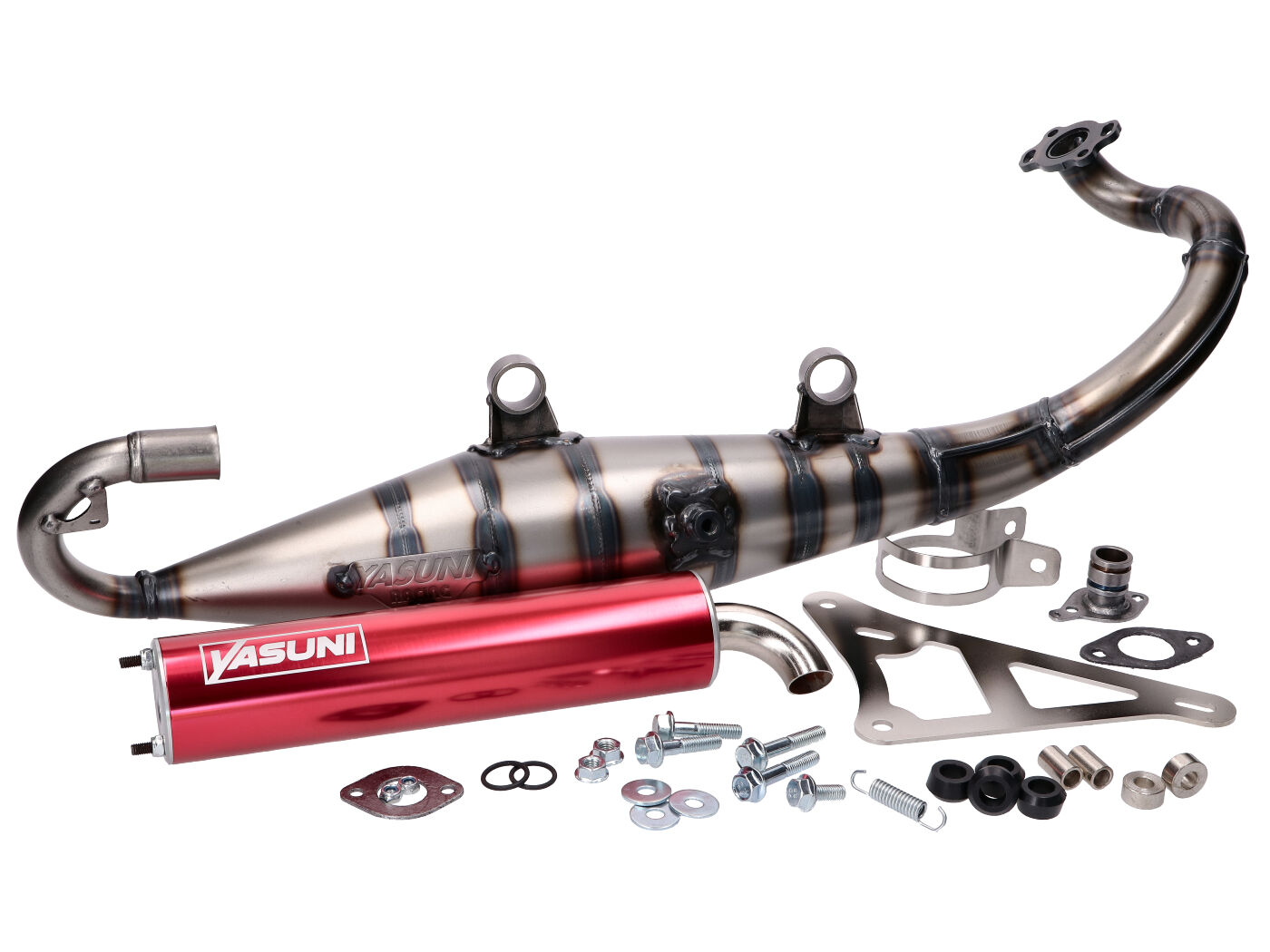 Výfuk Yasuni Carrera 10 červený, Peugeot horizontal 50 ccm YAS317-4R