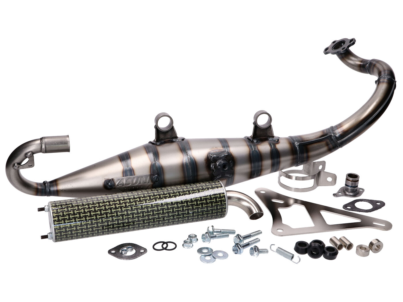Výfuk Yasuni Carrera 10 vzhled žlutého karbonu, Peugeot horizontal 50 ccm YAS317-4CK