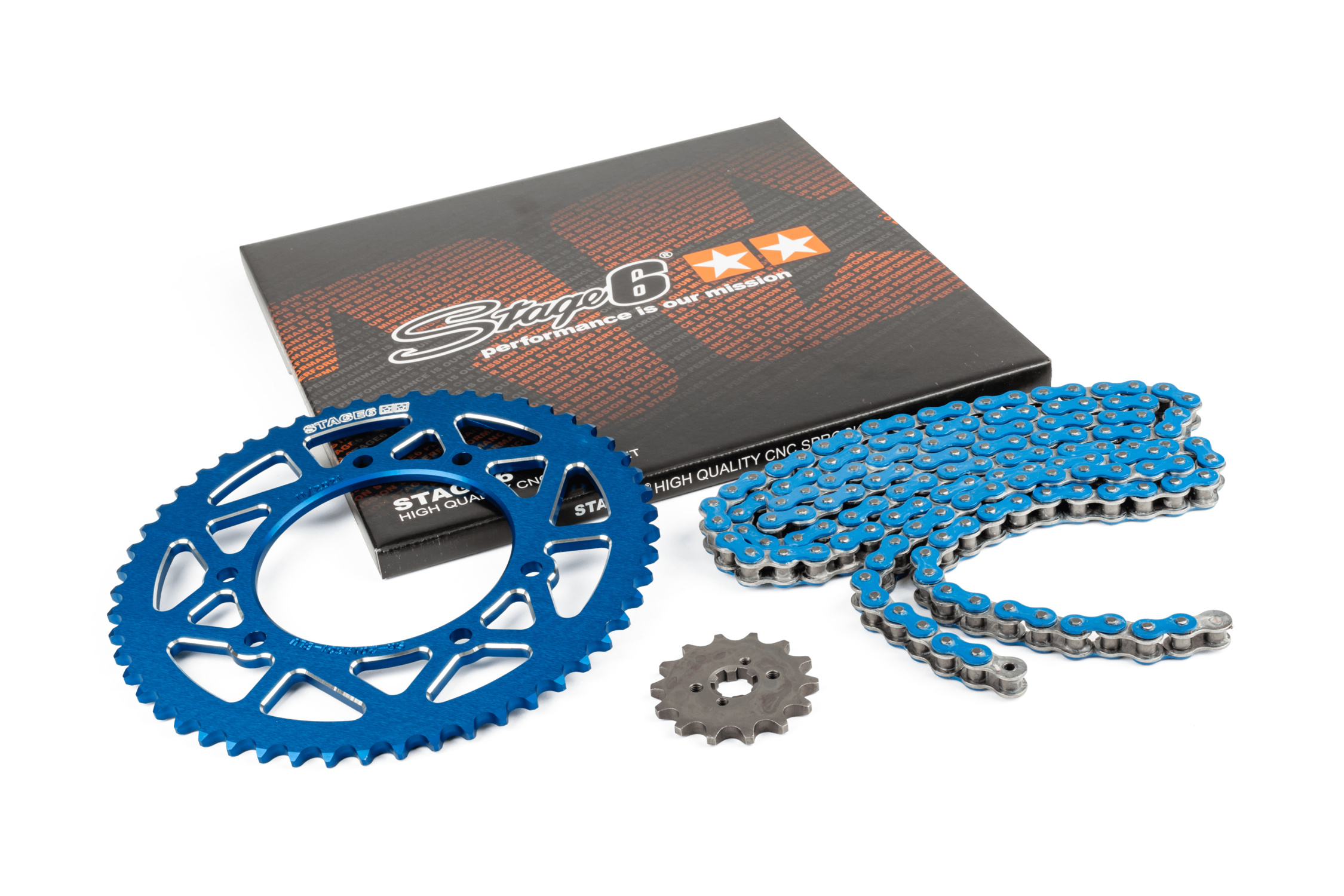 Řetězová sada 13x53 - 420 Stage6 alu CNC modrá Derbi DRD Pro