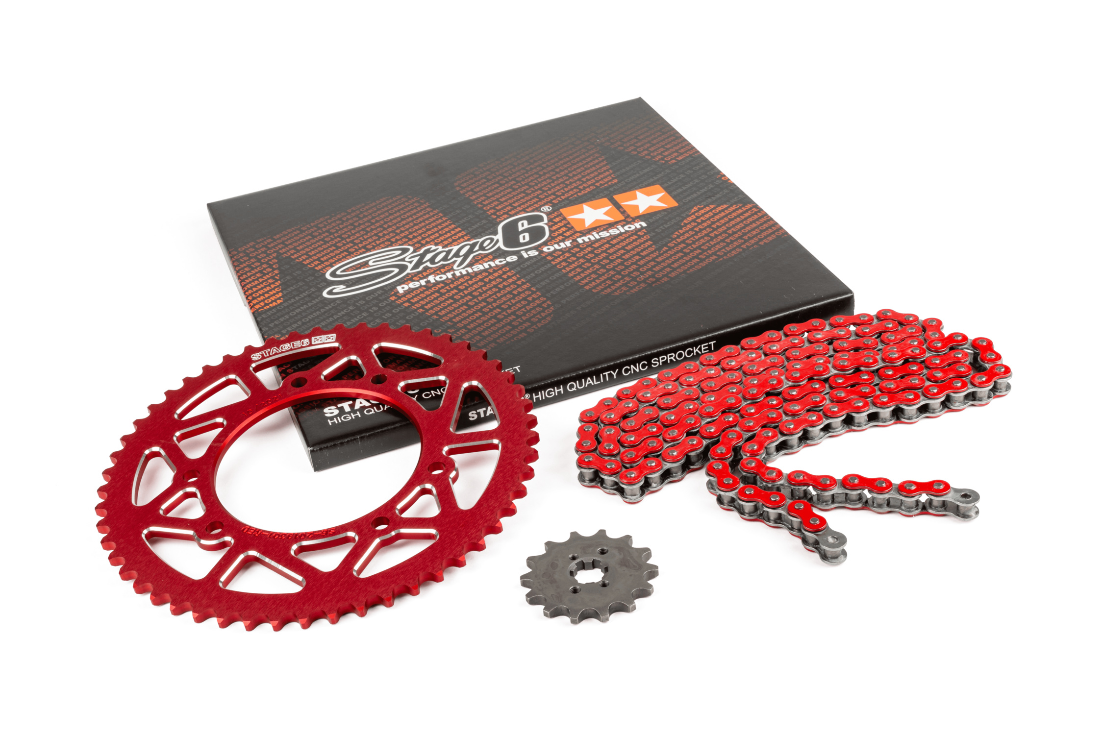 Řetězová sada 14x53 - 420 Stage6 alu CNC červená Derbi DRD Pro