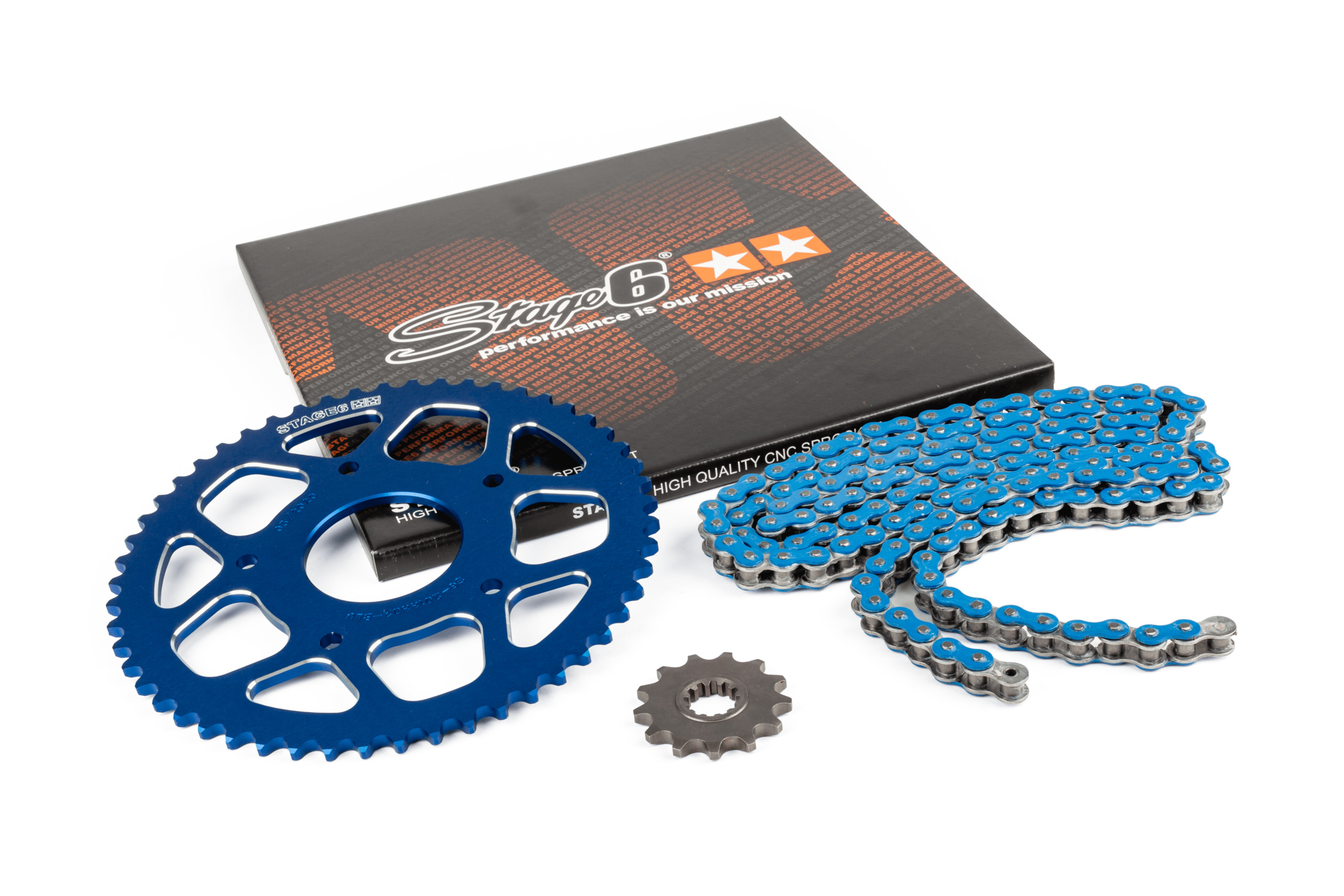 Řetězová sada 13x53 - 420 Stage6 alu CNC modrá Peugeot / Rieju