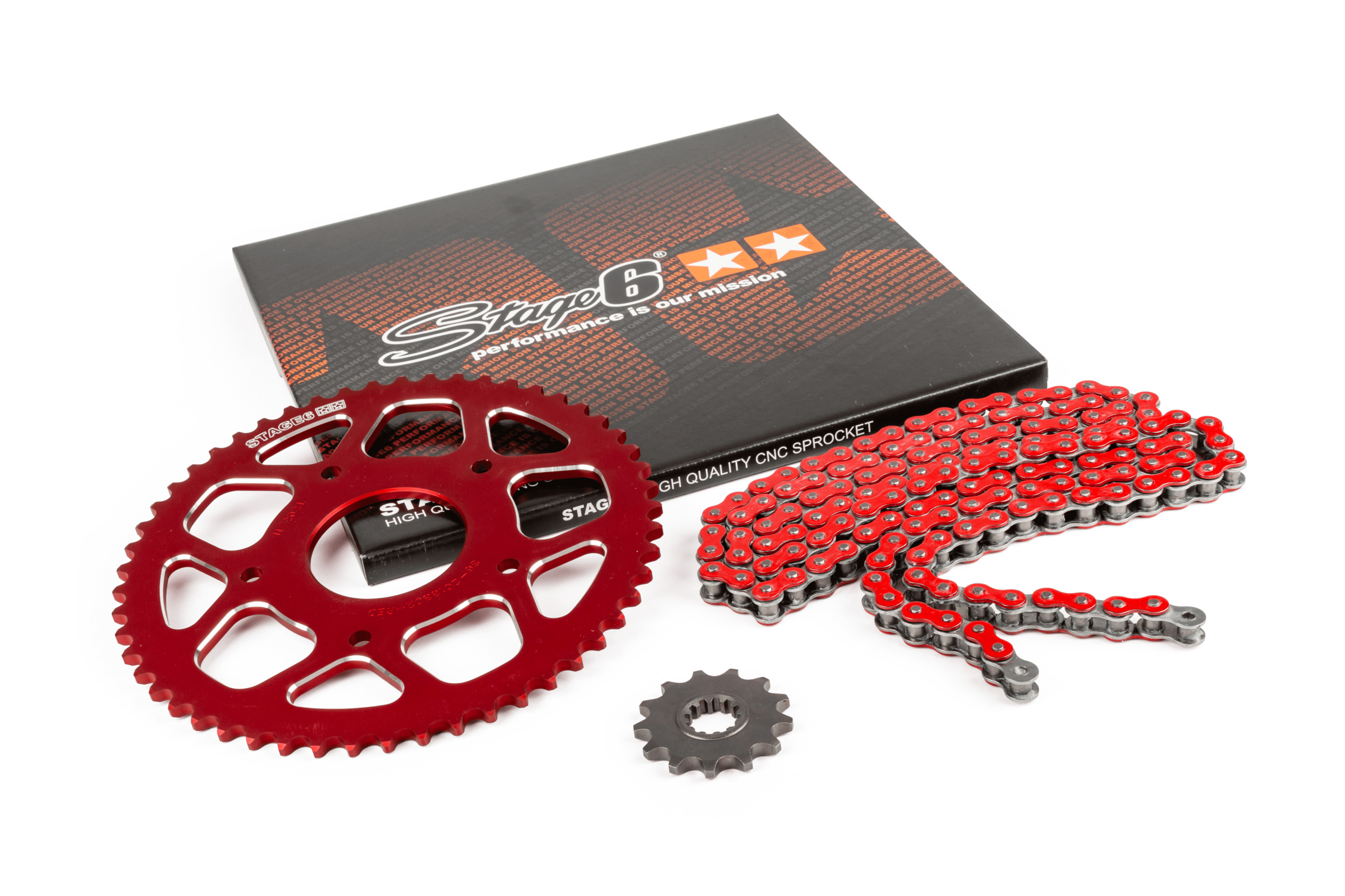Řetězová sada 14x53 - 420 Stage6 alu CNC červená Peugeot / Rieju