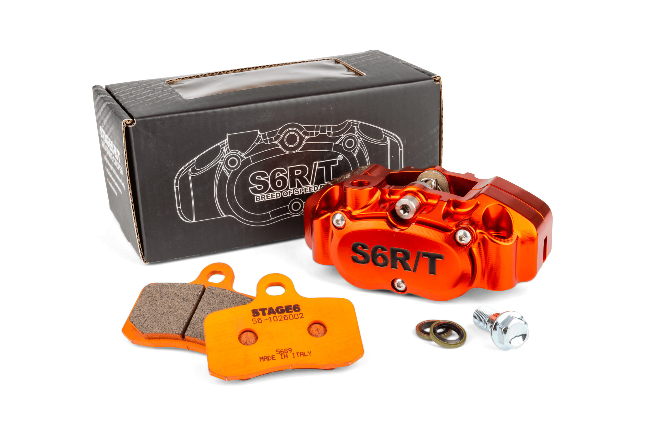 Brzdič 4-pístkový Stage6 R/T MK2 oranžový s Racing destičkami