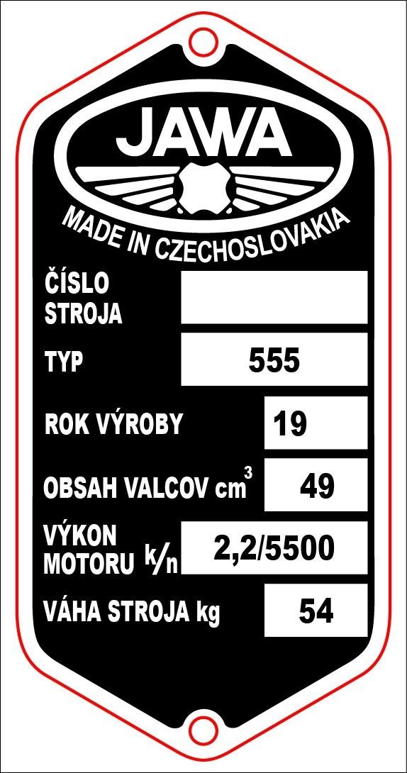 MOTOMAX, s.r.o. Výrobní štítek s nýty  JAWA 555