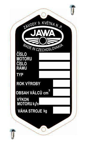 Ostatní Výrobní štítek s nýty JAWA záv. 9. května n.p.