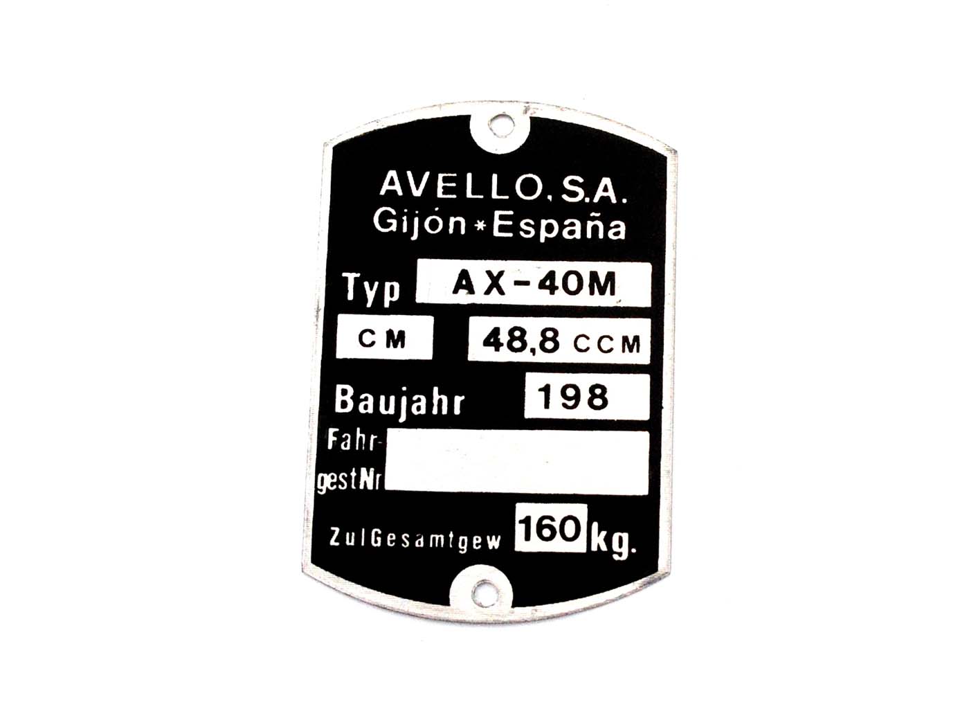 Diverse / Import Prázdný výrobní štítek 59x40mm pro Avello AX 40M, Puch MG00083501