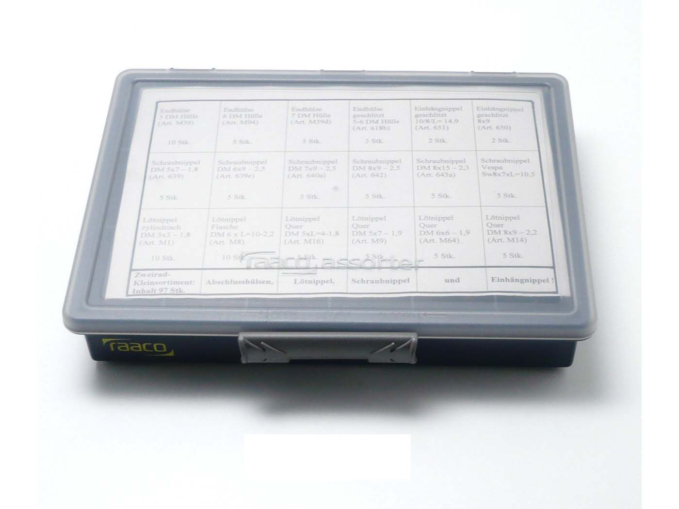 MOGA Sortimentní box 10 ks. Koncovka 5 mm 5 6 mm 7 mm 3 S drážkou 5-6 mm 2 Závěsný nipl 8x9 Šroubovací nipl 5x7 6x9 7x9 MG00008221