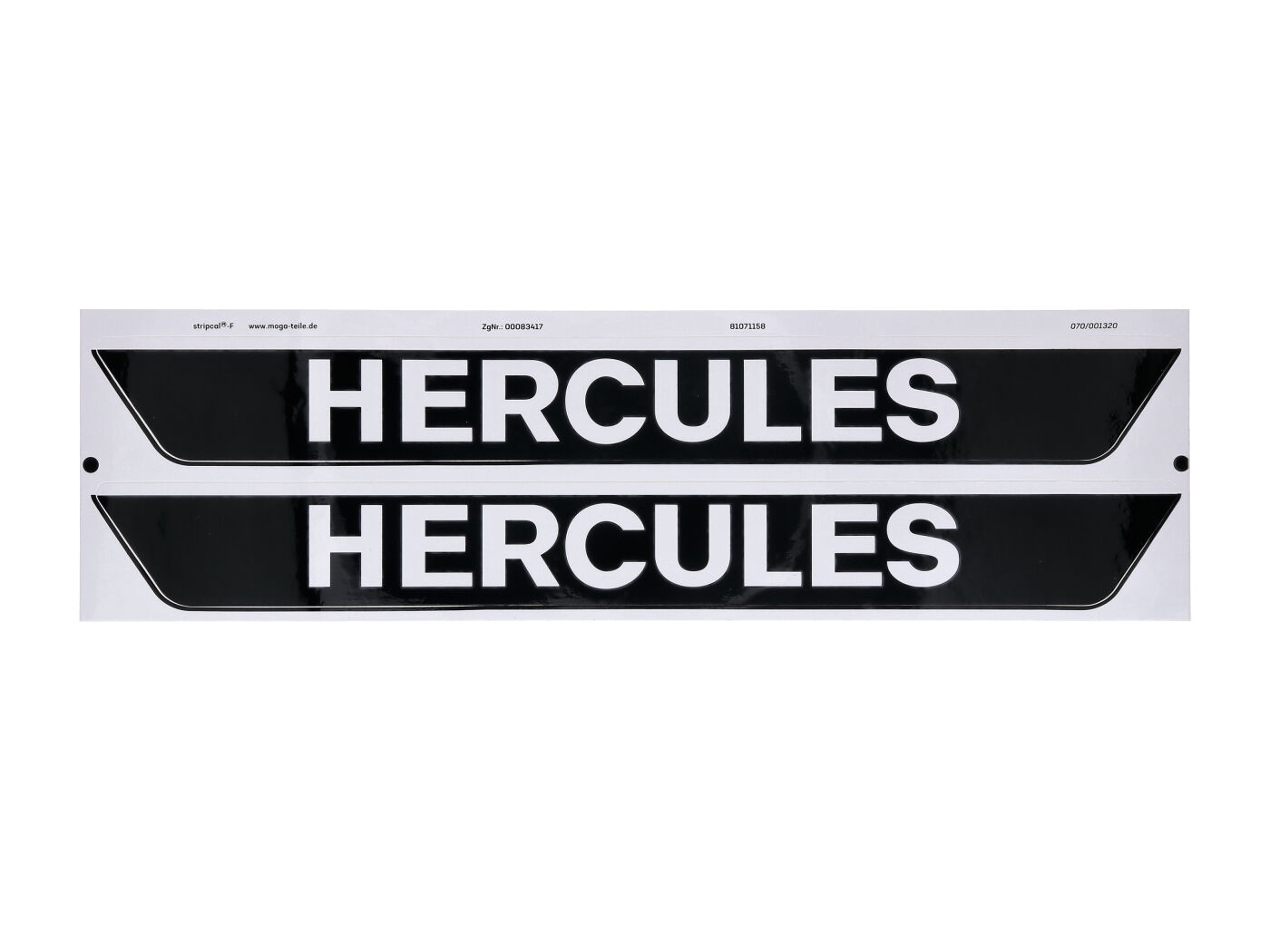 MOGA Samolepka na nádrž MOGA, 2 kusy, šířka 327 mm, výška 38 mm, černá lesklá s bílým nápisem, pro Hercules M 3, 4, 5, Prima, Optima MG00083417