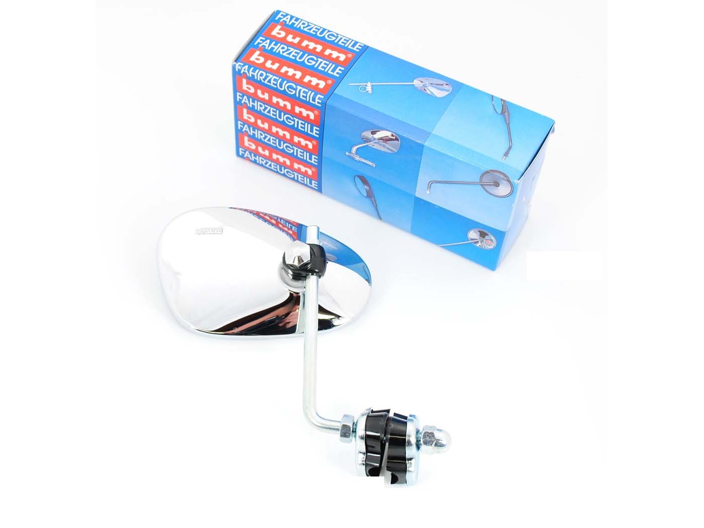 Zrcátko bumm s držákem, chromované, oválné pro Vespa, Hercules, NSU, Zündapp, Kreidler, Piaggio MG00000114