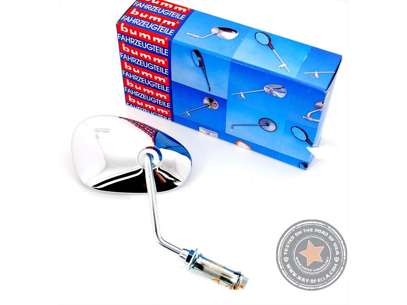 Zrcátko bumm pravé do řídítek, chrom, pro Zündapp M 25, 50 Bergsteiger, KS 50, Super Combinette, Kreidler, Hercules, NSU, DKW, Miele, Hercules MG00000107