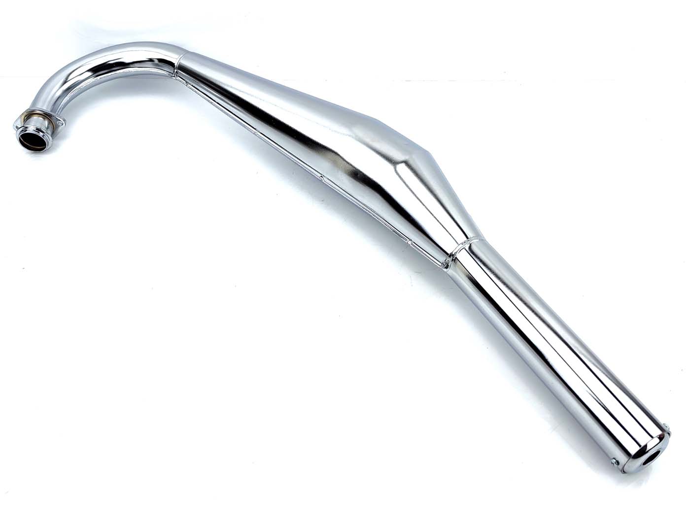 Diverse / Import Závodní výfuk, chrom, přírubové připojení 32 mm, délka 820 mm, průměr tlumiče 51 mm, průměr baňky 90 mm, pro Hercules, DKW MG00011112