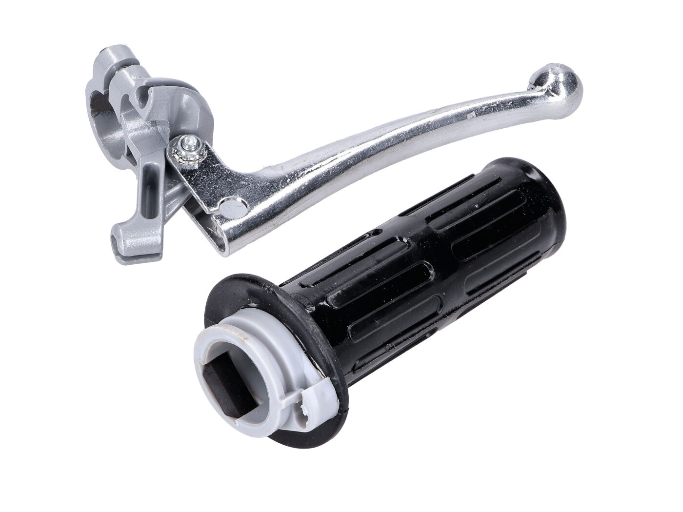 NTS Parts Plynový grip hliníkový šedý s leštěnou brzdovou pákou a černou rukojetí pro Hercules, Zündapp, Kreidler, Puch, DKW, KTM, Rixe MG00007715