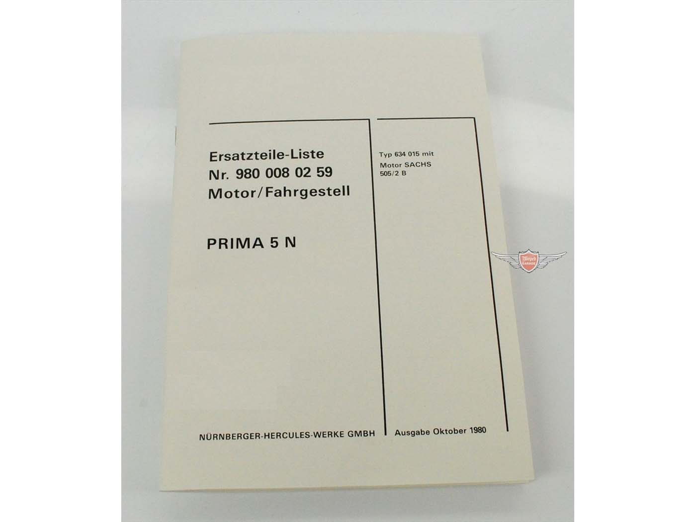 Diverse / Import Seznam náhradních dílů, katalog dílů motoru a podvozku pro Sachs 505 Hercules Prima 5 N MG00086174