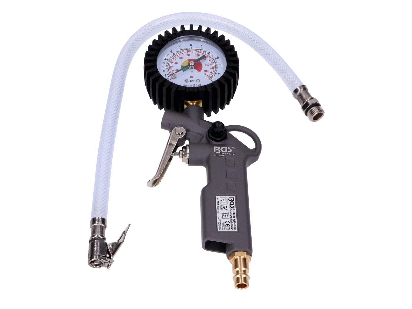 BGS technic Pistole na huštění pneumatik s manometrem 0-8 bar 1/4 palce BSP 54957