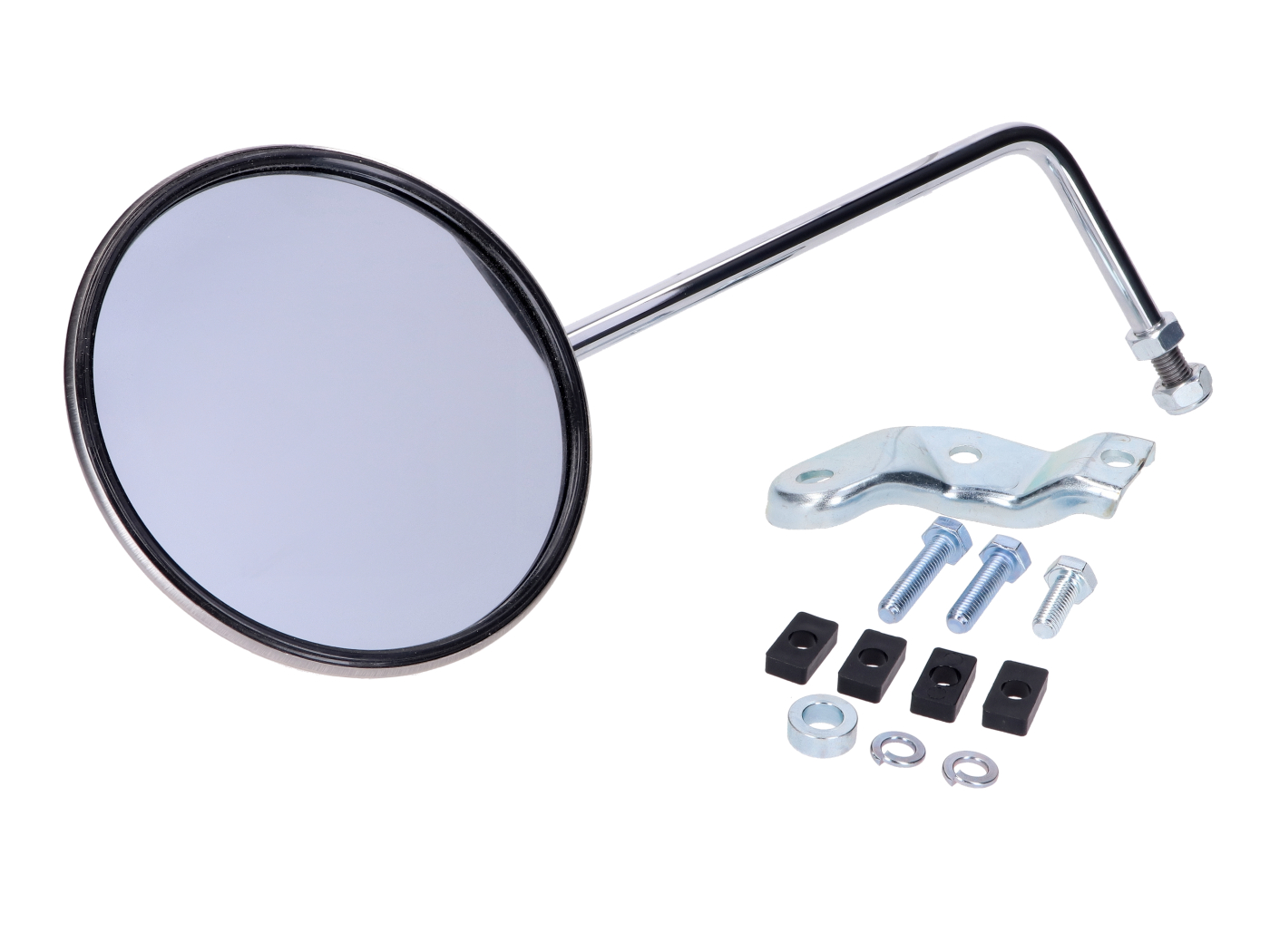 Diverse / Import Zrcátko s držákem, kulaté, levé, nerezové, pro Piaggio, Vespa PX skútr MG00000115