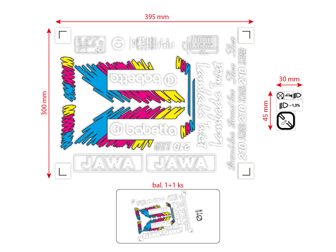 MOTOMAX, s.r.o. Sada samolepek Babetta 210 Lux – retro barevná edice (bílá, modrá, růžová, žlutá)