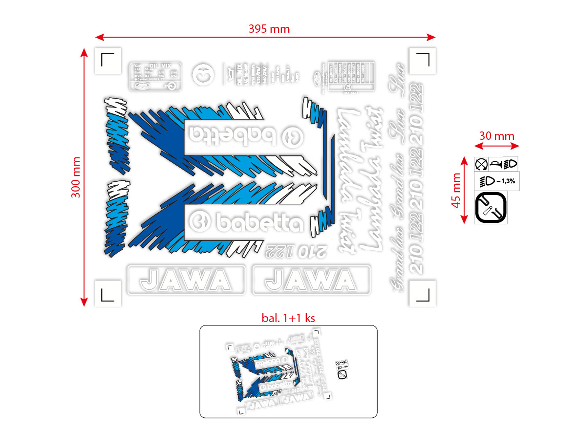 MOTOMAX, s.r.o. Sada samolepek Babetta 210 Lux – retro barevná edice (bílá, modrá, světle modrá, bílá)