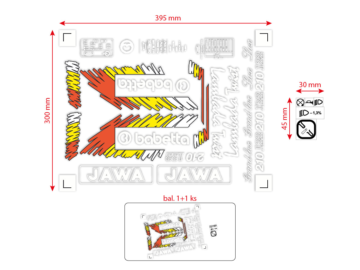 MOTOMAX, s.r.o. Sada samolepek Babetta 210 Lux – retro barevná edice (bílá, oranžová, žlutá, bílá)