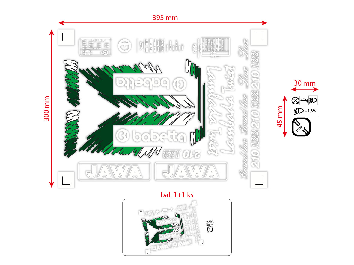 MOTOMAX, s.r.o. Sada samolepek Babetta 210 Lux – retro barevná edice (bílá, tmavě zelená, zelená, bílá)