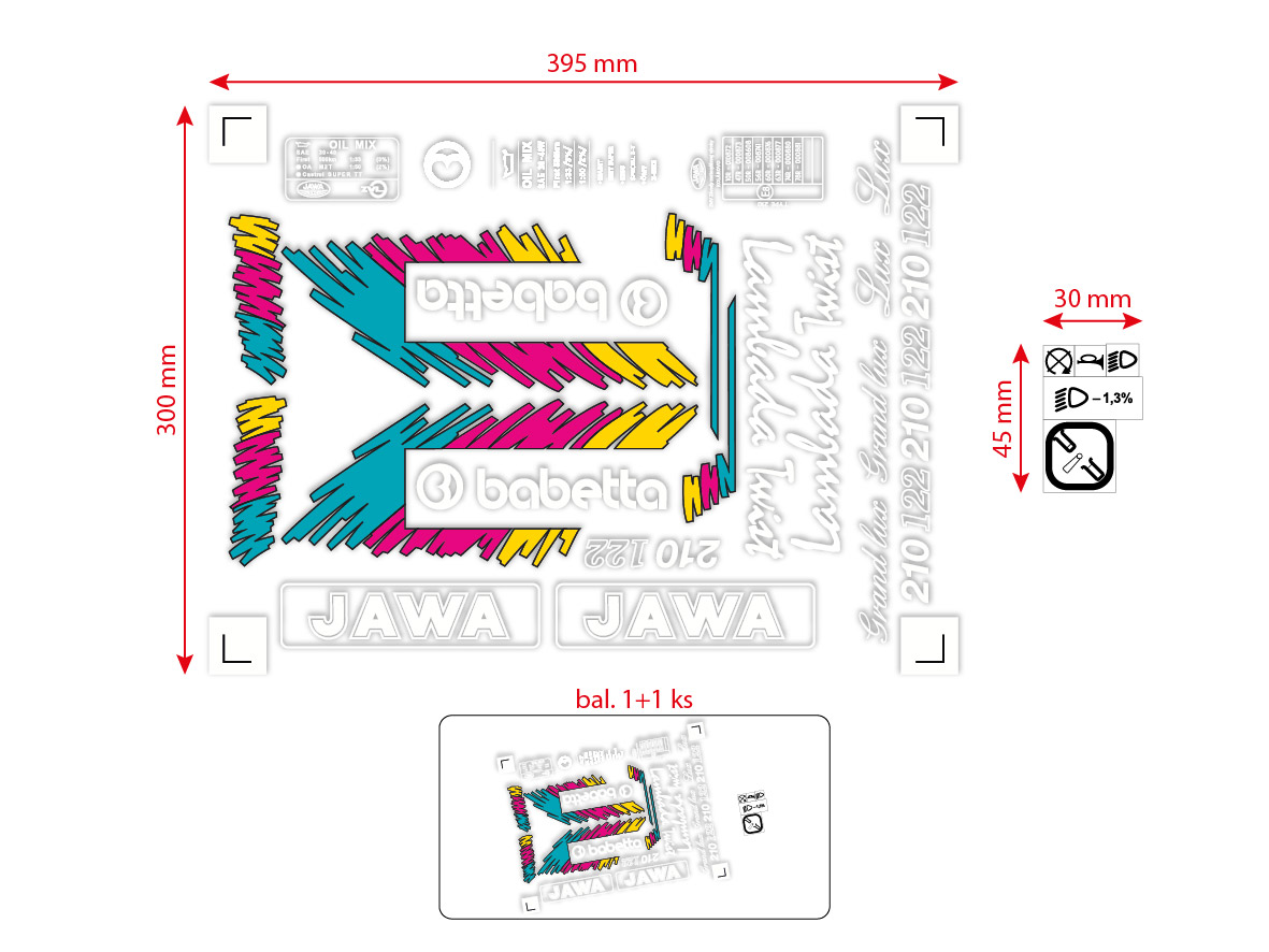 MOTOMAX, s.r.o. Sada samolepek Babetta 210 Lux – retro barevná edice (bílá, tyrkysová, růžová, žlutá)
