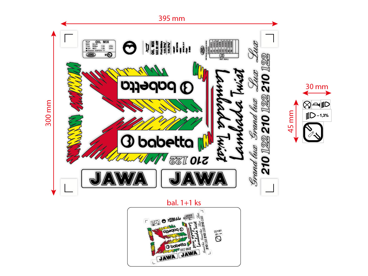 MOTOMAX, s.r.o. Sada samolepek Babetta 210 Lux – retro barevná edice (černá, červená, žlutá, zelená)