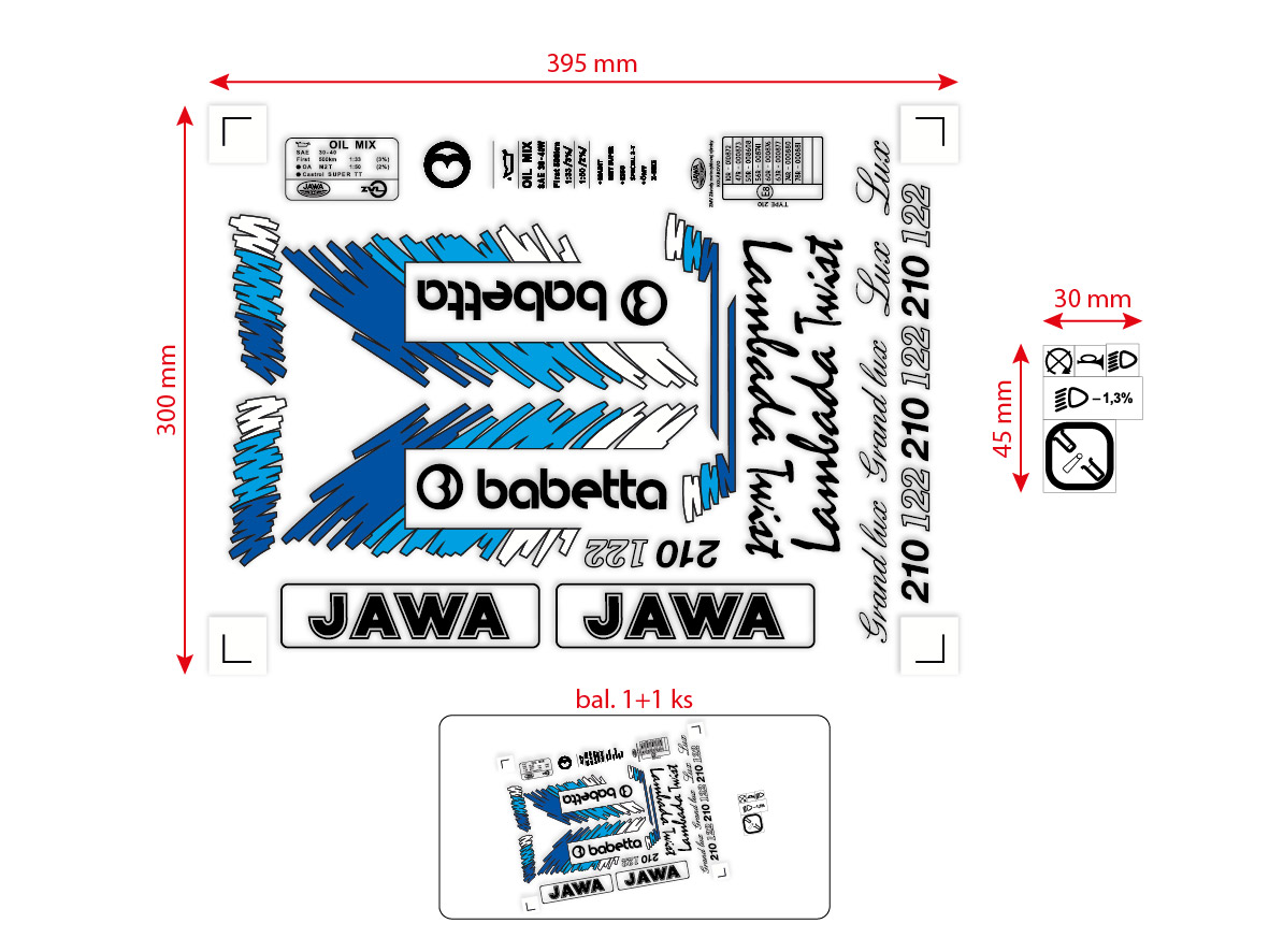 MOTOMAX, s.r.o. Sada samolepek Babetta 210 Lux – retro barevná edice (černá, modrá, světle modrá, bílá)