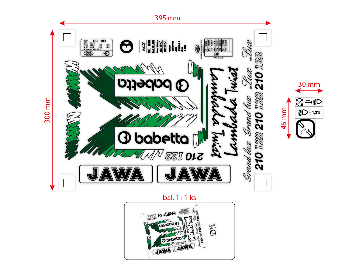MOTOMAX, s.r.o. Sada samolepek Babetta 210 Lux – retro barevná edice (černá, tmavě zelená, zelená, bílá)
