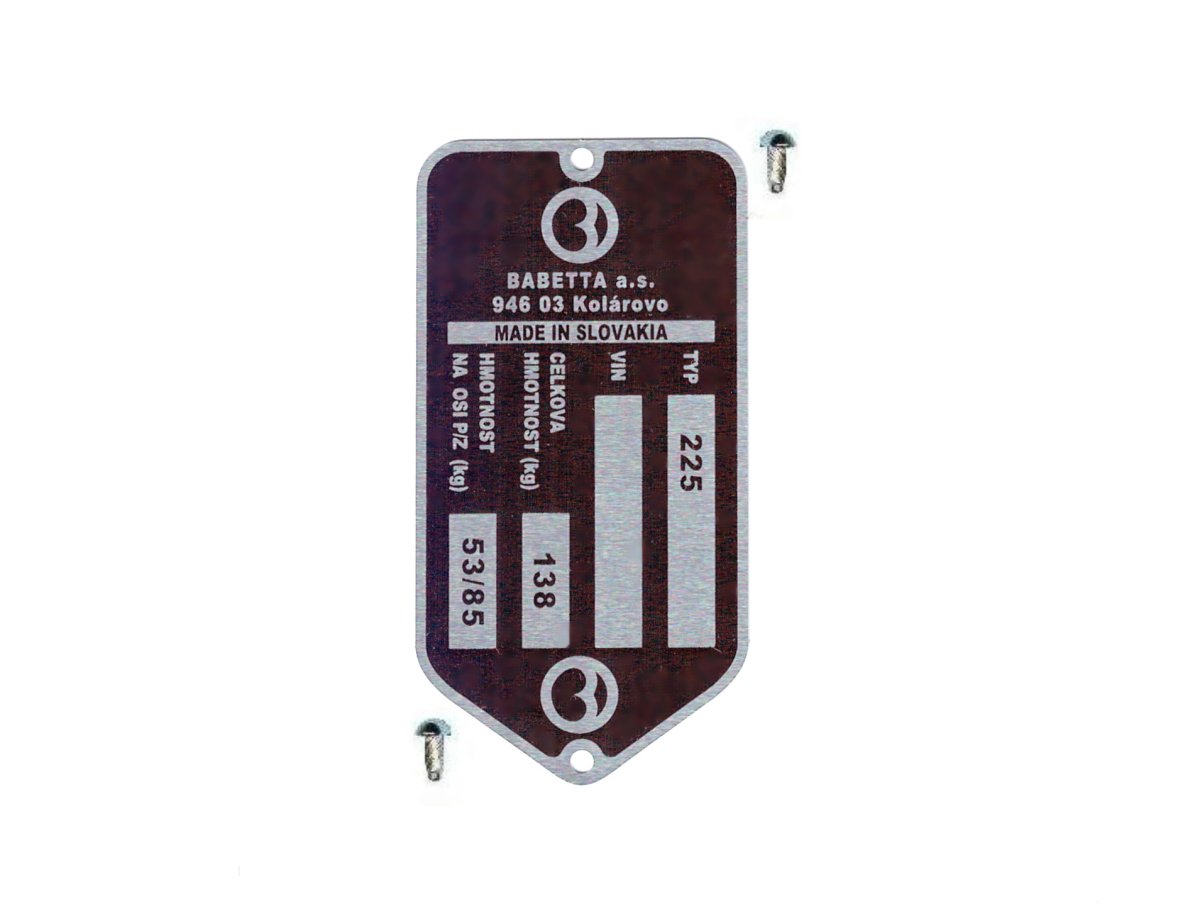 Výrobní štítek s nýty  ,,BABETTA 225  *M