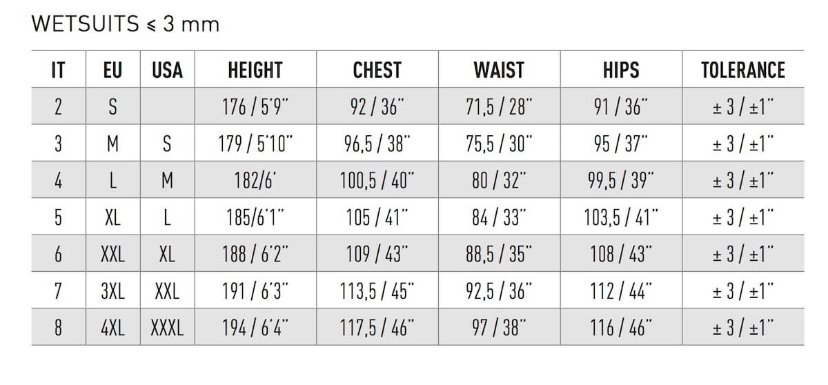 Velikostní tabulka potápěčských neoprénů Mares