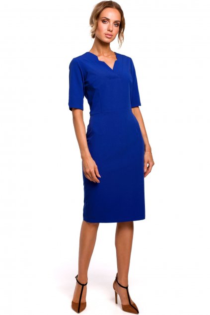 Elegantní šaty s atypickým výstřihem MOE M455 modré