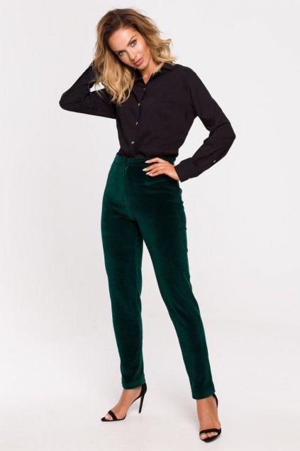 Elegantní sametové kalhoty MOE M644 zelené