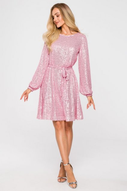 Společenské flitrové šaty MOE M 715 růžové